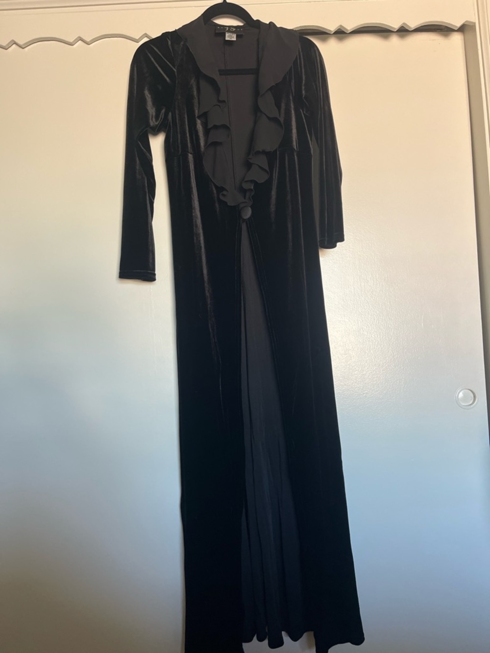 Morticia Addam’s style Black Velvet Ruffle Front Maxi Cardigan